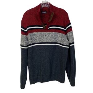 Men's Sz L CHAPS Henley Sweater 3-Button Stripes 100% Cotton Heathered Pullover